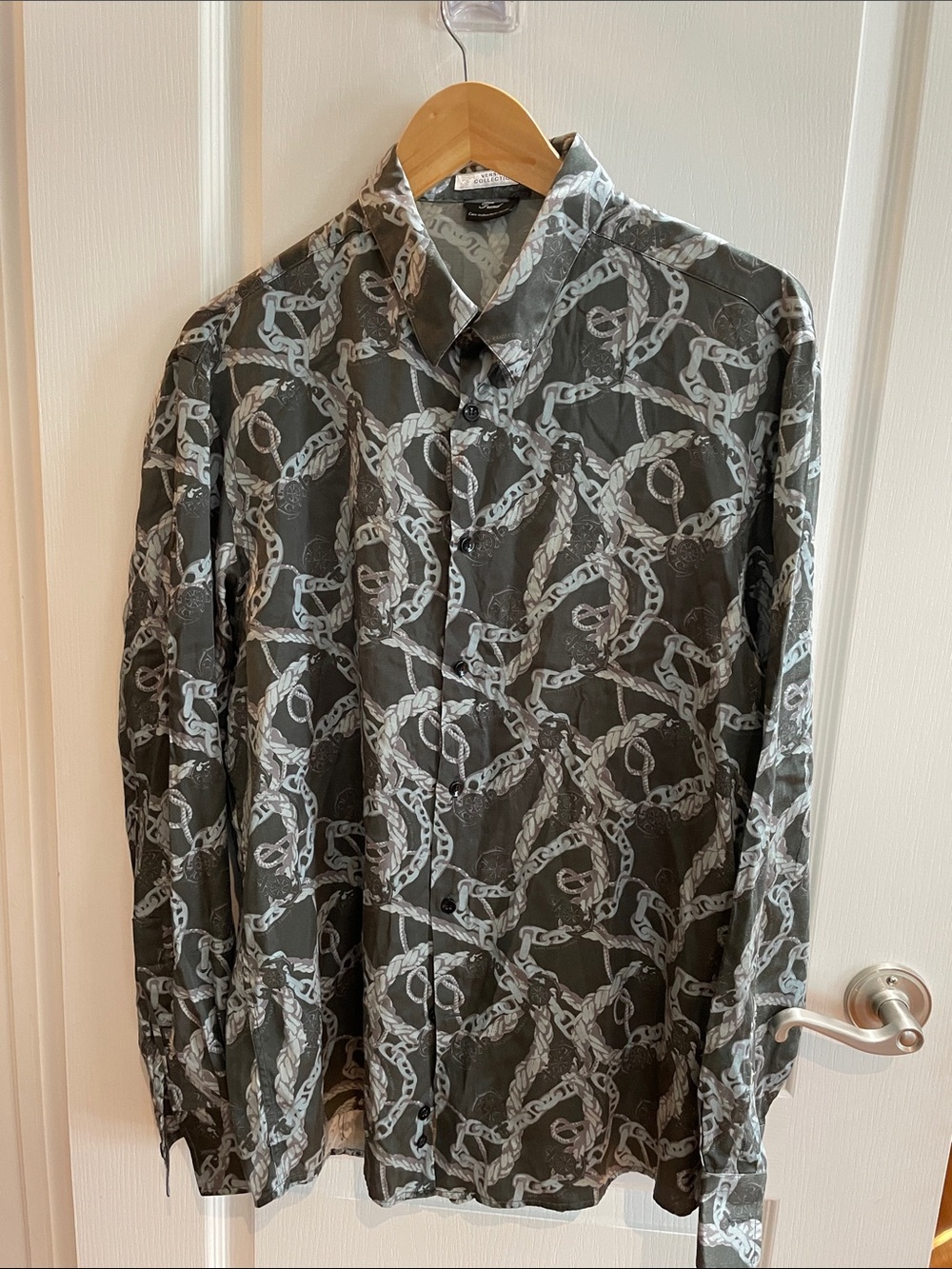 Versace Collection Gray Chain-Print Long Sleeve Button-Down Shirt